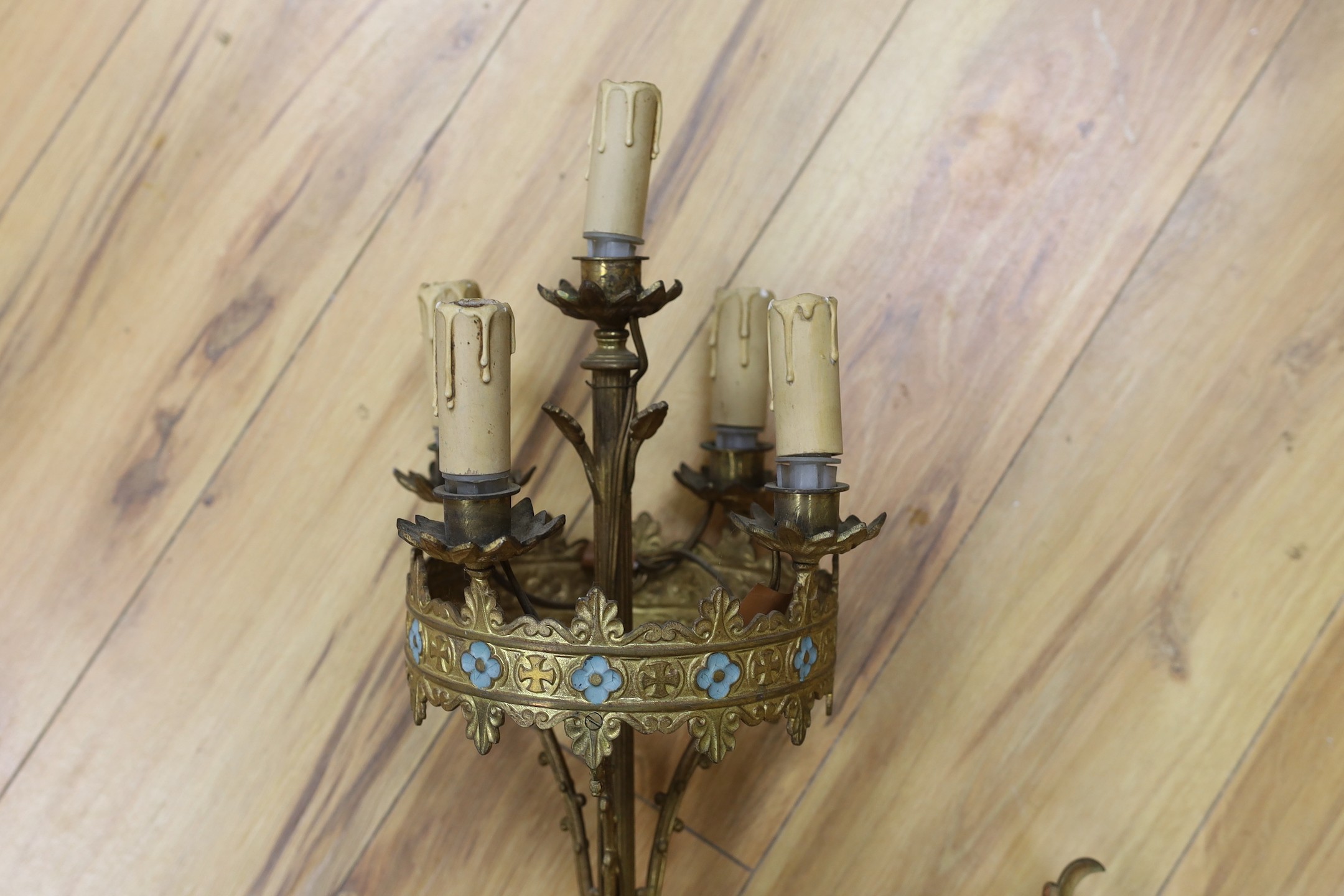 A pair of 5-light French neo Gothic brass wall sconces, 35cm deep